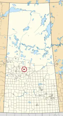 A map of the province of Saskatchewan showing 297 rural municipalities and hundreds of small Indian reserves. One is highlighted with a red circle.