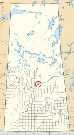 A map of the province of Saskatchewan showing 297 rural municipalities and hundreds of small Indian reserves. One is highlighted with a red circle.