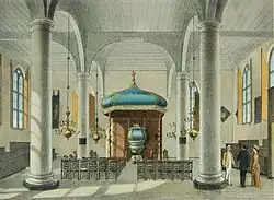 Lithography of the pulpit around 1881–1889. By Josias Cornelis Rappard.