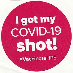 Sticker given to people who had received a COVID-19 vaccine in Belleville