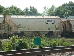 a two-bay through-sill CSX covered hopper