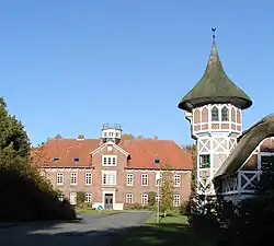The boarding school in the castle with the half-timbered dovecot