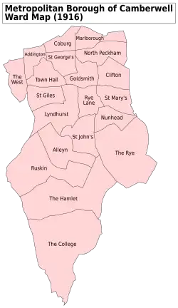 A map showing the Dulwich wards of Camberwell Metropolitan Borough as they appeared in 1916