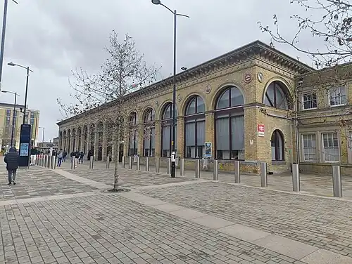 Cambridge railway station's facade in 2025.