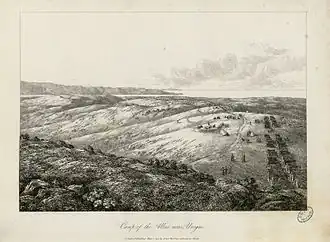 Sketch of an army camp with tents. In the background is a bay and mountains.