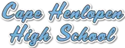 "Cape Henlopen High School" with a cursive script in Columbia blue outlined in black then outlined in white