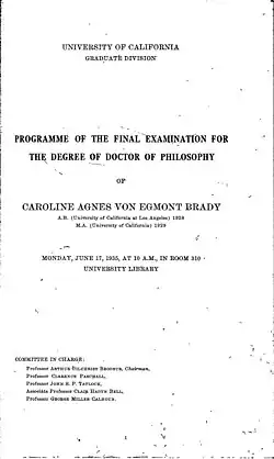 Black and white scan of the program for Caroline Brady's dissertation defense