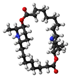 Ball-and-stick model of the carpaine molecule