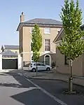 Newly planted Carpinus betulus 'Fastigiata' in Poundbury, Dorset, United Kingdom