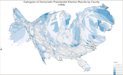 Cartogram of Democratic presidential election results by county