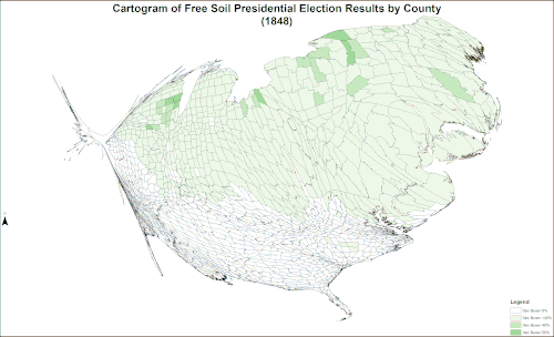 Cartogram of Free Soil presidential election results by county