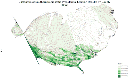 Cartogram of Southern Democratic presidential election results by county