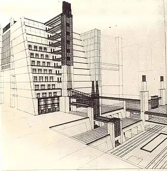 Futurism – Staircase house with elevators from four street levels, part of La Città Nuova, by Antonio Sant'Elia (1914), ink and pencil on paper, Musei Civici, Como, Italy[69]