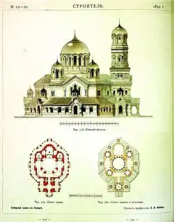 South facade, plan of the temple and plan of the roof and domes