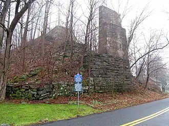 Stone piers rising above a road