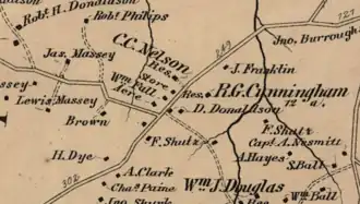 1878 map of present-day Cherrydale area, showing what is now the Five Points intersection. Nelson's Store and Dorsey Donaldson's property are visible