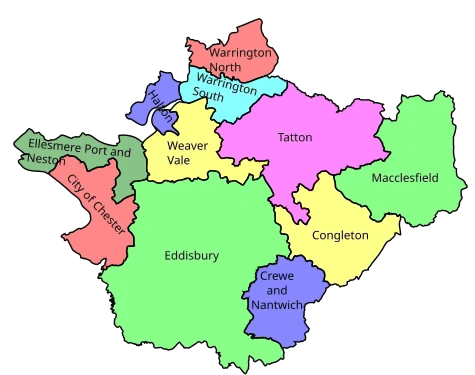 Map of parliamentary constituencies in Cheshire 1997–2010
