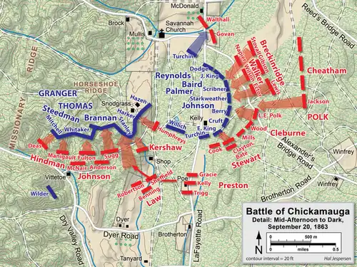 Map shows the later stages of the Battle of Chickamauga.