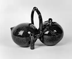 Chinese - Ceramic teapot in the form of two peaches - a symbol of immortality (or a wish for long life). Yixing-ware, with blue-brown glazing