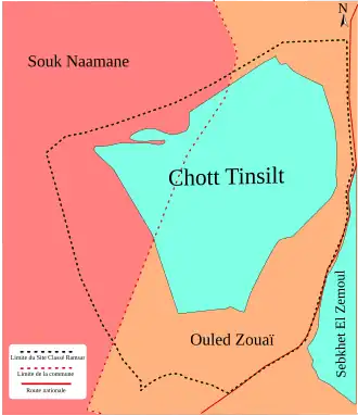 Diagram including various locations and boundaries related to Chott Tinsilt lake.