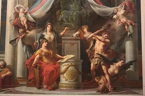 Minerva gives to Hercules the decree which abolished the vices of the former government