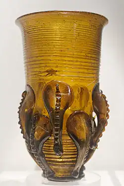 Claw beaker in Anglo-Saxon glass from the Ringlemere barrow, c. 400 to 600 AD