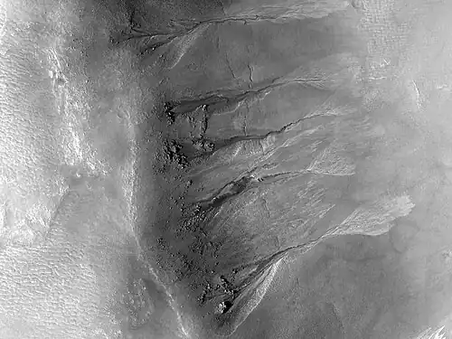 Gullies on crater wall The bright apron is a bit unusual.