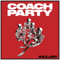 Four skeletons with smiling faces seated against a red background, with the band name above them in white and the album title in black at the bottom right