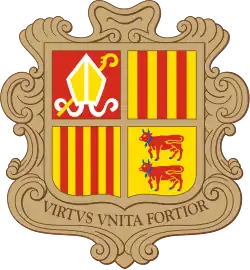 Arms of dominion of the Co-Princes of Andorra, Joan Enric Vives Sicília and Emmanuel Macron