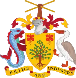Coat of arms of Barbados with Sugar Canes held saltirewise.