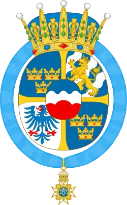 A mostly blue coat of arms featuring crowns, a lion, and an eagle