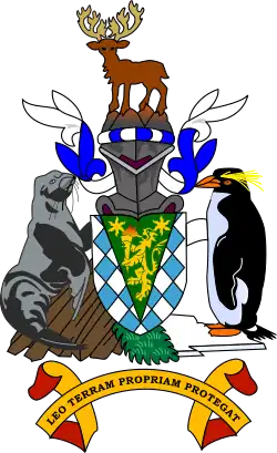The arms of South Georgia and the South Sandwich Islands feature a fur seal and macaroni penguin as supporters.