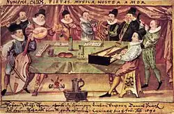 Collegium Musicum musical gathering, circa 1590. From the left: viol, flute, mandörgen or gittern, fiddle or rebec, shawm, harp, slide trumpet or clarion trumpet, cornett, clavichord.