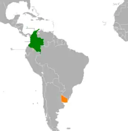 Map indicating locations of Colombia and Uruguay
