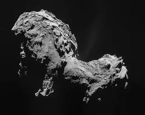 Image 12 67P/Churyumov–Gerasimenko Photograph: ESA/Rosetta/NAVCAM A black-and-white photographic mosaic depicting the comet 67P/Churyumov–Gerasimenko, as photographed by the probe Rosetta. This Jupiter-family comet, which was originally from the Kuiper belt, is about 4.3 km (2.7 mi) across, has a current orbital period of 6.45 years, a rotation period of approximately 12.4 hours, and a maximum velocity of 135,000 km/h (38 km/s; 84,000 mph). It was first observed on photographic plates in 1969 by Soviet astronomers Klim Churyumov and Svetlana Gerasimenko, after whom it is named. More selected pictures