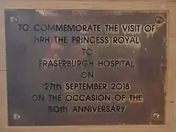 Commemorative plaque marking 50th anniversary visit by the Princess Royal