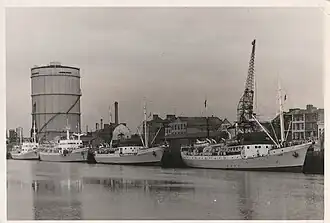 Commissioners of Irish Lights fleet moored against Sir John Rogerson's Quay, 1971 (Gasometer in background)