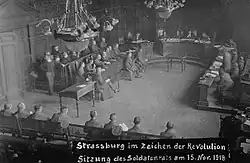 The soldiers’ council meeting in what is now the Assize Court chamber of the Strasbourg Palais de Justice on 15 November 1918.