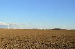 Fields and wind turbines in the township's far northeast