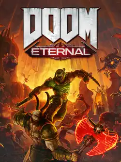 Packaging artwork depicting the Doom Slayer fighting the Marauder and a horde of demons