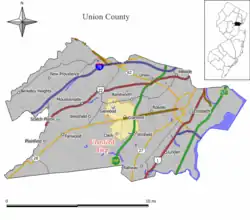 Location of Cranford in Union County highlighted in yellow (left). Inset map: Location of Union County in New Jersey highlighted in black (right).