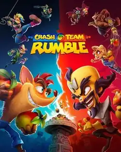Portrait-oriented artwork featuring eight cartoon-style characters. The foreground features an orange anthropomorphic bandicoot and a bearded mad scientist in battle armor facing each other. Behind them are two sets of three characters jumping towards each other. Between the two foreground characters is a stone altar with a pile of orange and yellow fruit. A lightning bolt emanates from the altar, splitting the background between two colors: blue on the left and orange on the right.