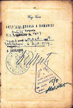 Crossing the border at Zaleszczyki into Romania on 15 September 1939, 2 days before the Soviet invasion from the east - passport.