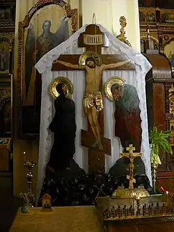 Orthodox crucifix with the Virgin Mary on the left and the Apostle John on the right in Vilnius, Lithuania