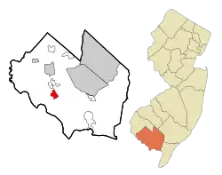 Map of Cedarville, highlighted within Cumberland County. Right: Location of Cumberland County in New Jersey.