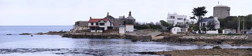 View of Sandycove, Michael Scott's 1937 white Art Deco house Geragh, and the Joyce Tower