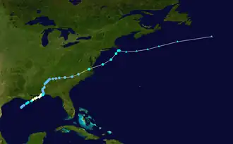 A map plotting the path and intensity of a hurricane near the United Statws Gulf Coast, over the Southeastern United States, and off the coast of New England
