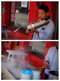 Cutting thin strips of dough from a loaf directly into a container of boiling water to make knife-cut noodles in Datong, Shanxi (first frame shows one noodle in midair)