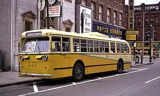 A 1947 Pullman trolley bus in downtown Dayton, Ohio, in 1968
