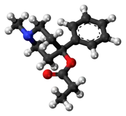 Ball-and-stick model of desmethylprodine